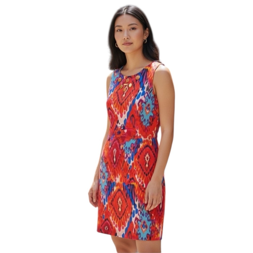 Belle Badgley Mischka Red Ikat Midi Sheath Dress with Enamel Bead Work @ Chest